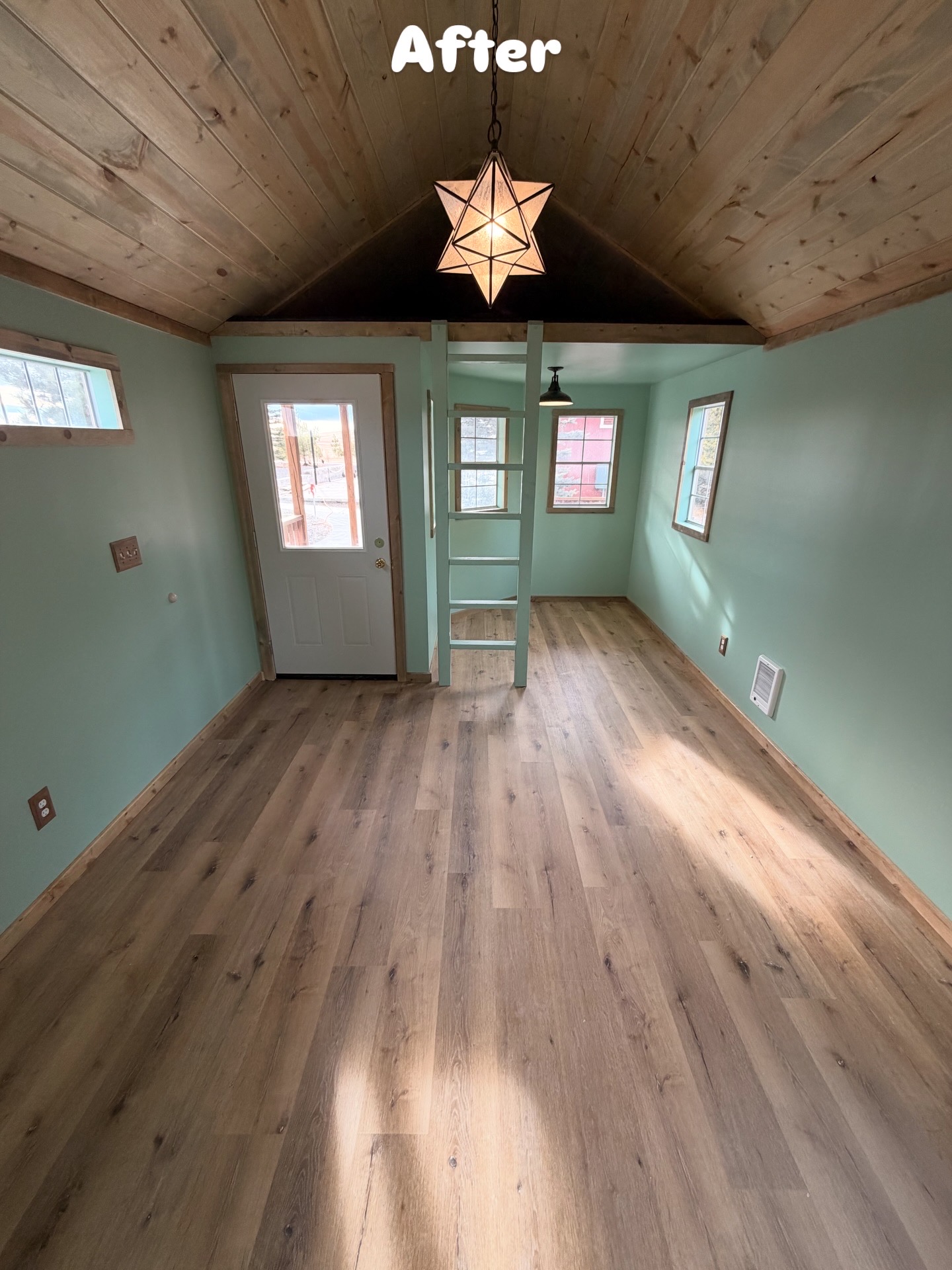 Finished shed interior and loft ladder